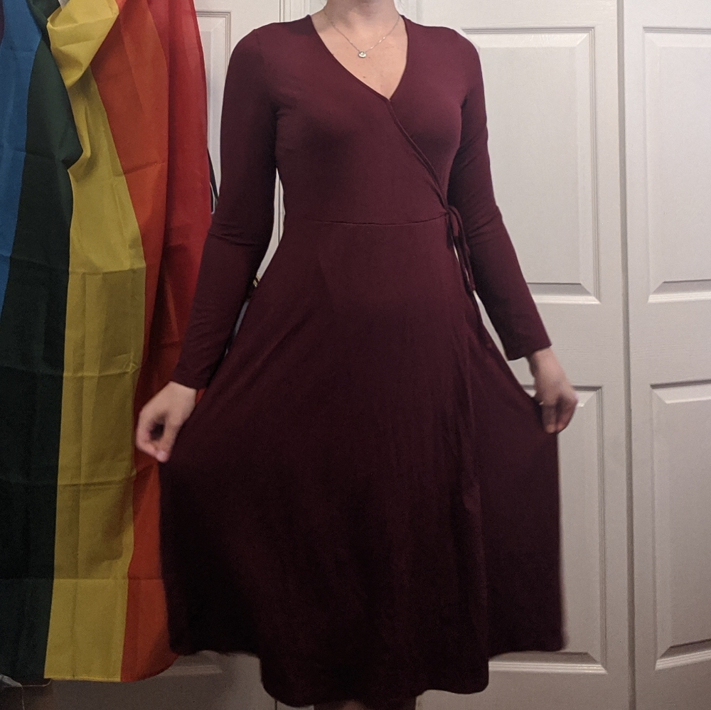 Burgundy Faux Wrap Dress